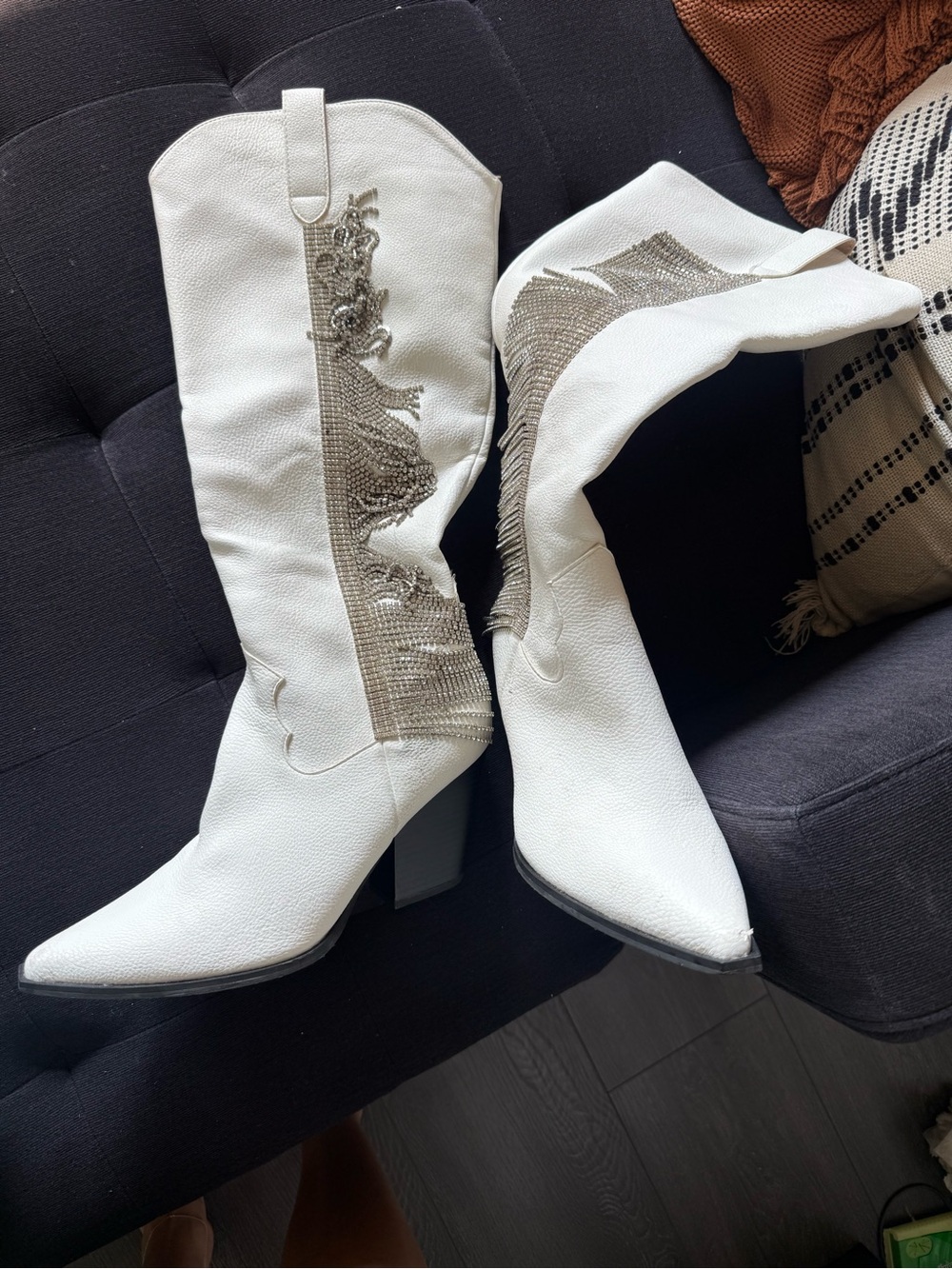 Vici White Western Crystal Fringe Mid-Calf Boots